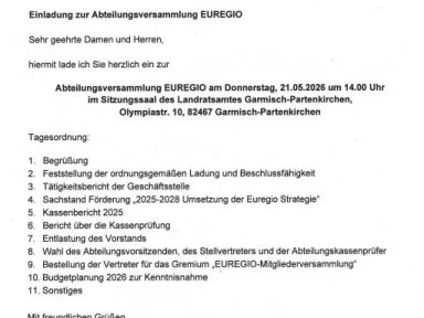 Einladung zur Abteilungsversammlung des Regio Zugspitzregion e.V. Abteilung EUREGIO am 21.05.2026
