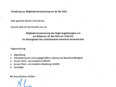 Einladung zur Mitgliederversammlung des Regio Zugspitzregion e.V.
